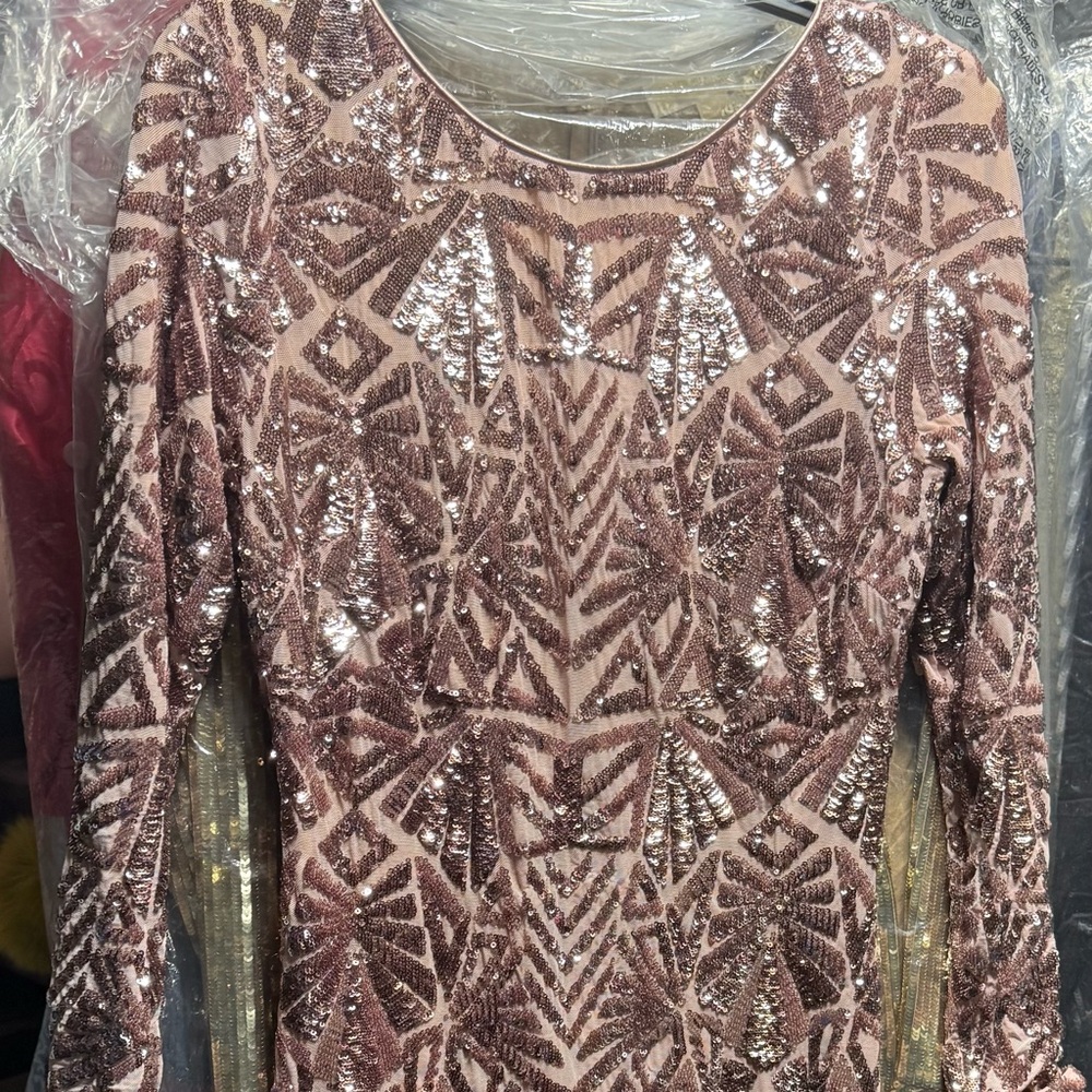 Dress the Population Sequin Long Sleeve Dress in Rose Gold